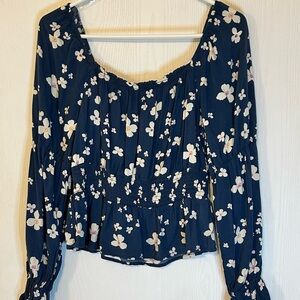 SO Navy Floral Cropped Long Sleeved Blouse